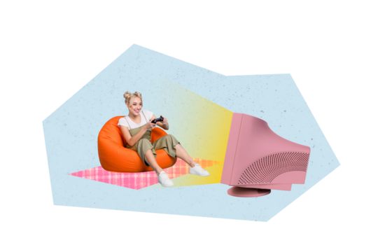 Creative collage picture young woman sit home computer monitor play game controller joystick virtual reality display drawing background