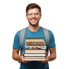 Smiling young man with glasses holds stack of books wearing backpack ready for school or university studies transparent background