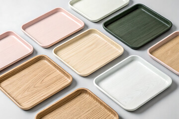 Fototapeta premium A collection of square ceramic trays in various pastel and earthy tones