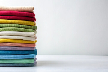 Vibrant Fabric Stack: A neat and visually appealing arrangement of colorful textiles, neatly stacked against a plain backdrop, showcasing various hues and textures.