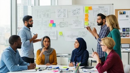 Product design team collaborates in a diverse environment, sketching creative ideas in a modern workspace - Powered by Adobe