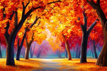 Vibrant autumn landscape featuring trees with fiery orange and yellow leaves, creating a warm atmosphere and inviting pathway through the colorful foliage