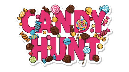 Obraz premium Candy Hunt Illustration: Playful, colorful illustration that promotes a candy hunt activity, with a variety of candies arranged artfully to celebrate this festive tradition. 