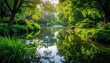 Golden Autumn Forest with Trees Glowing Under Warm Sunlight Reflecting in Still Water Scenic Nature Photography with Soft Tones Peaceful and Serene Landscape