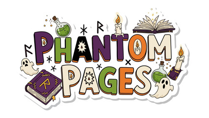 Mystical Phantom Pages: A captivating illustration featuring a magical spellbook, floating spectral figures, and bubbling potions invites the reader to a world of supernatural fantasy.