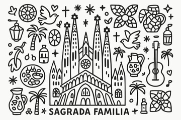 Fototapeta premium Barcelona icon set. sagrada familia, gaudí, outline landmarks and symbols collection