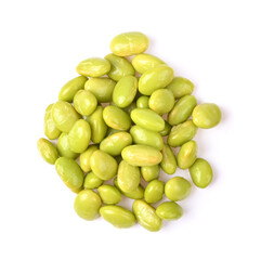 Heap of boiled green soybeans , Edamame seeds isolated on white background. top view