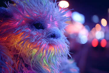 fluffy neon creature with glitching outlines glowing under cyberpunk city lights in a vibrant futuristic design