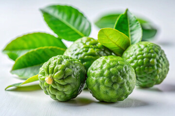 Fototapeta premium Exotic Bergamot Citrus: A close-up of vibrant bergamot fruits, radiating with freshness, complemented by lush green leaves, showcasing nature's exquisite textures and colors.