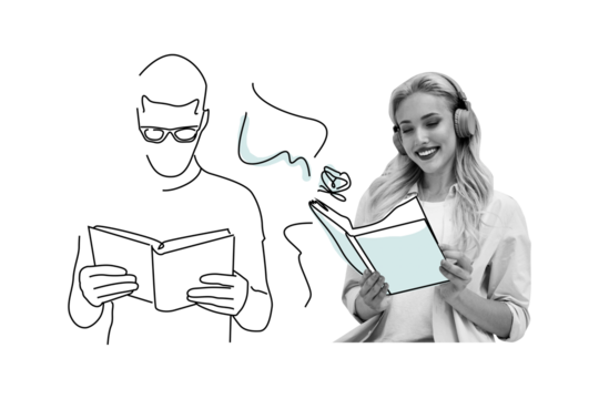 Composite artwork collage picture image of girl headphones read book painted guy isolated on creative background