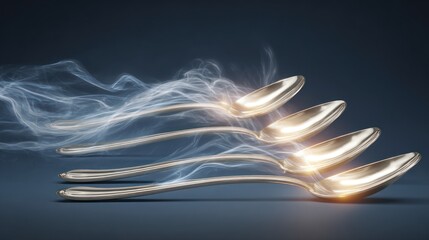 Elegant spoons with glowing energy and ethereal smoke over dark backdrop