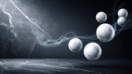 Abstract composition with floating spheres and ethereal energy against a dark background