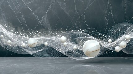 Abstract composition of white spheres and flowing lines on a grey background