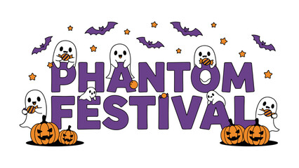 Phantom Festival: Playful ghost characters and smiling pumpkins invite you to a Phantom Festival, perfect for Halloween, adorned with bats and stars, and bursting with festive cheer. 