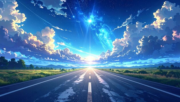 Road leading to the sun with blue sky and clouds