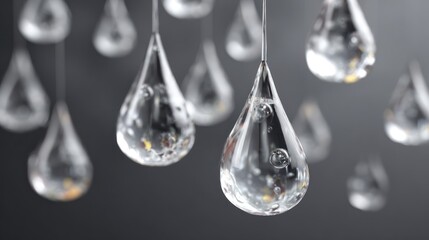 Close up of transparent water droplets hanging against a dark background