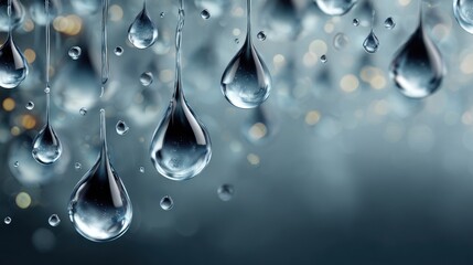 Transparent water droplets in close up against a blurred background