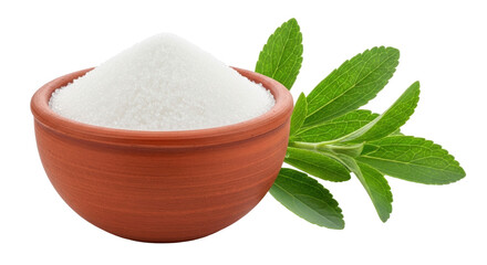 Isolated earthen bowl filled with granular sweetener and stevia plant with no background