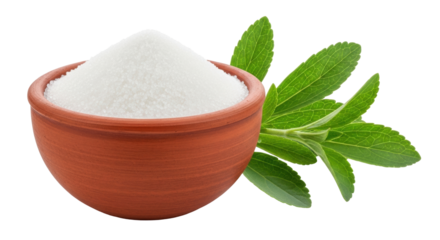 Isolated earthen bowl filled with granular sweetener and stevia plant with no background