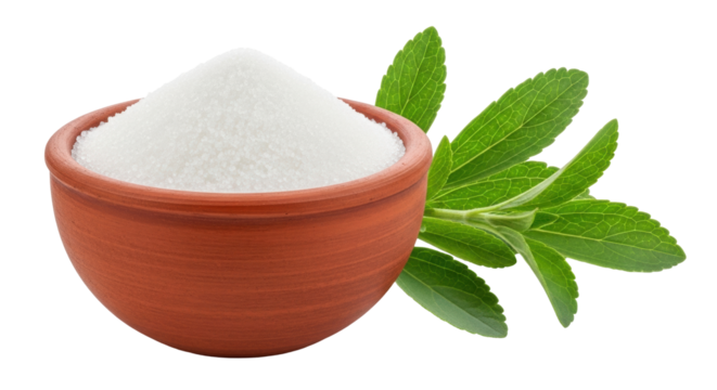 Isolated earthen bowl filled with granular sweetener and stevia plant with no background