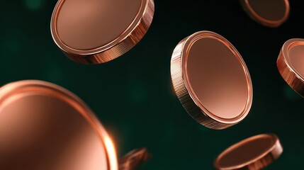 Copper coins in motion against a dark background with copy space