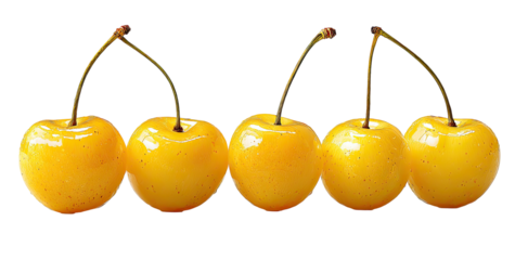 Row of five yellow cherries