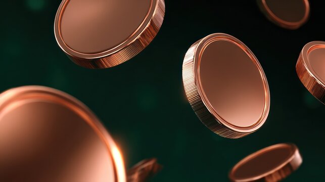 Copper coins in motion against a dark background with copy space