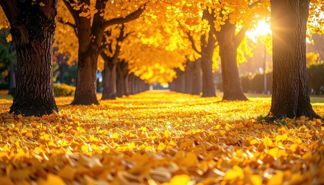 Golden Canopy Trees Over Fallen Leaves Path in Park on Sunny Autumn Day
