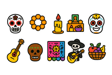 Fototapeta premium Day of the dead flat icon set. colorful, festive celebration icons collection