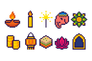 Obraz premium Diwali celebration pixel icon set. festive, hindu festival icons collection