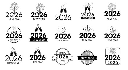 2026 New Year set, happy New Year 2026 number collection,black and whit
