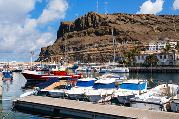 Puerto Mogan with boat and mountain in Gran Canaria, Spain