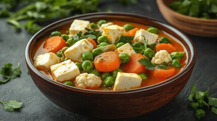 Fresh mixed vegetable curry with vibrant peas- carrots- cauliflower- and paneer- garnished with cilantro in a ceramic bowl.