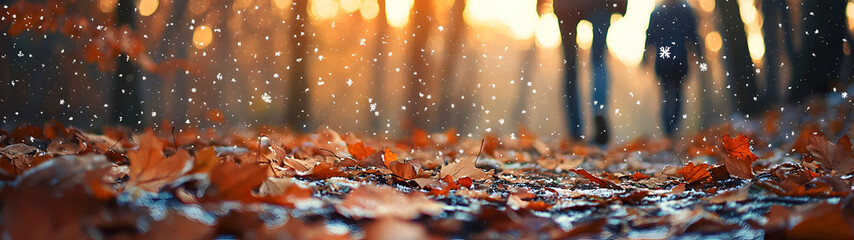 Autumn leaves and first snowflakes settle on a forest trail as hikers pass—capturing the quiet transition between seasons in warm golden hour light.