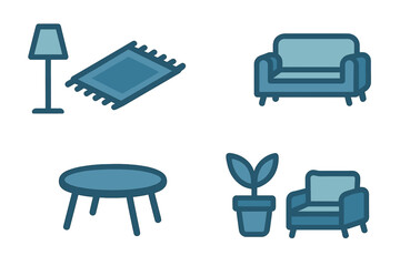 Collection of blue interior design furniture and home decor pictograms