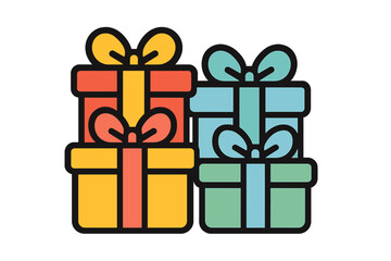 Stack of colorful wrapped gift boxes with decorative bows icon design