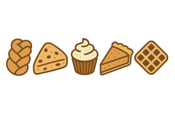 Various sweet baked goods including braided bread, cake, cupcake, pie slice, and waffle