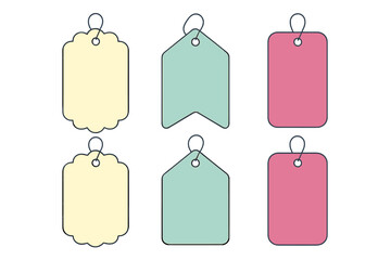 Six blank pastel colored price tags and labels in various decorative shapes for retail marketing