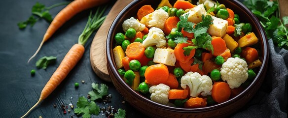 Fresh mixed vegetable curry with vibrant peas- carrots- cauliflower- and paneer- garnished with cilantro in a ceramic bowl.