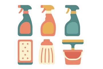 Essential household cleaning tools collection including spray bottles and bucket