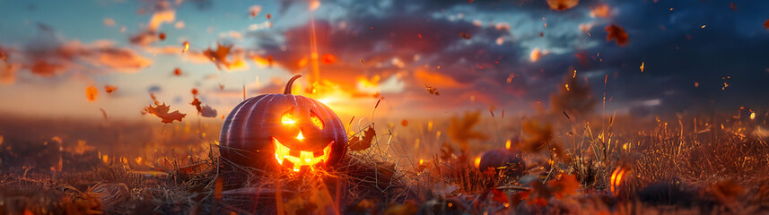 Shining carved Halloween pumpkin lying on the harvested field in autumn at night. Concept of Halloween celebration, Trick or Treat and season.
