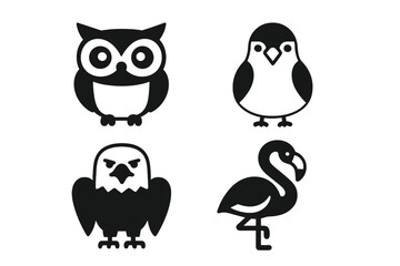 Set of four stylized black and white bird icons including owl, penguin, eagle, and flamingo