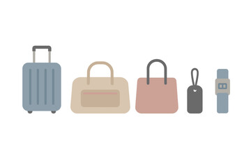 Assortment of travel baggage, personal bags, identification tag, and digital timepiece symbols