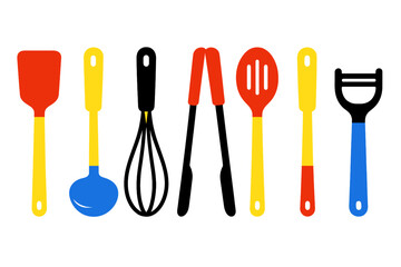 Assortment of colorful cooking utensils including spatula whisk tongs and peeler