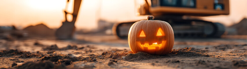 A glowing Halloween pumpkin sits on dusty sand at a construction site during sunset—blending festive warmth with gritty industrial textures.