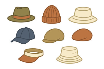 Collection of various headwear accessories including fedora, beanie, baseball cap, and bucket hats