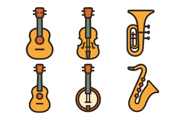 Naklejka premium Collection of string and brass musical instrument icons for music concepts