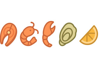 Collection of stylized icons featuring salmon steak shrimp oyster and lemon slice