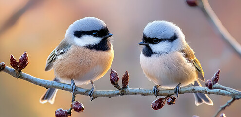 Two adorable chickadees perched on a branch in soft light