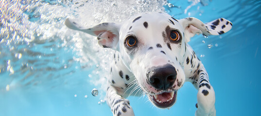 Joyful dalmatian dog swims underwater in bright blue pool